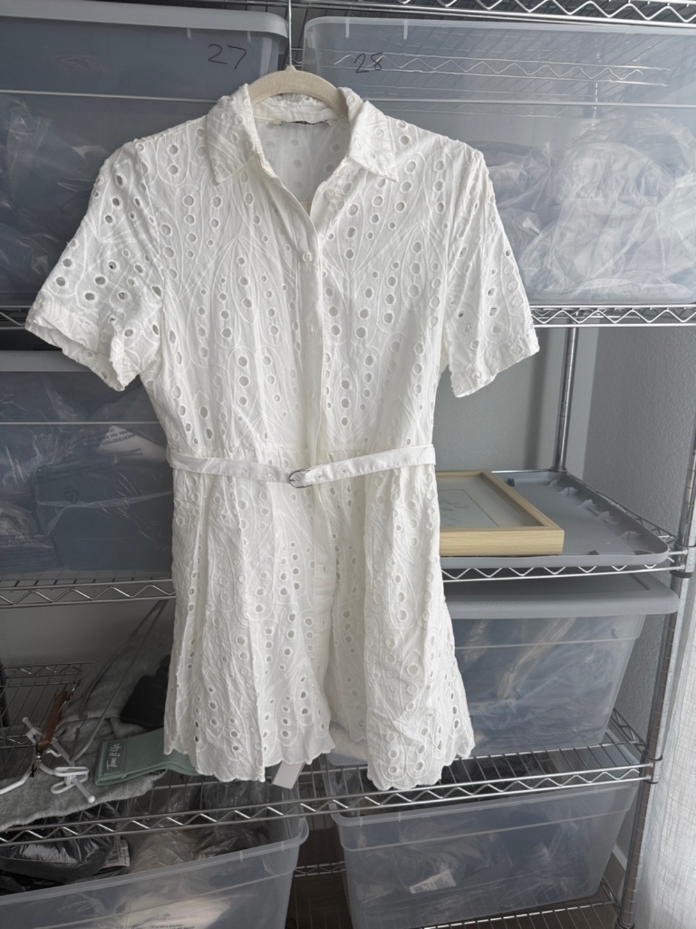 Zara White Eyelet Shirt Dress with Belt